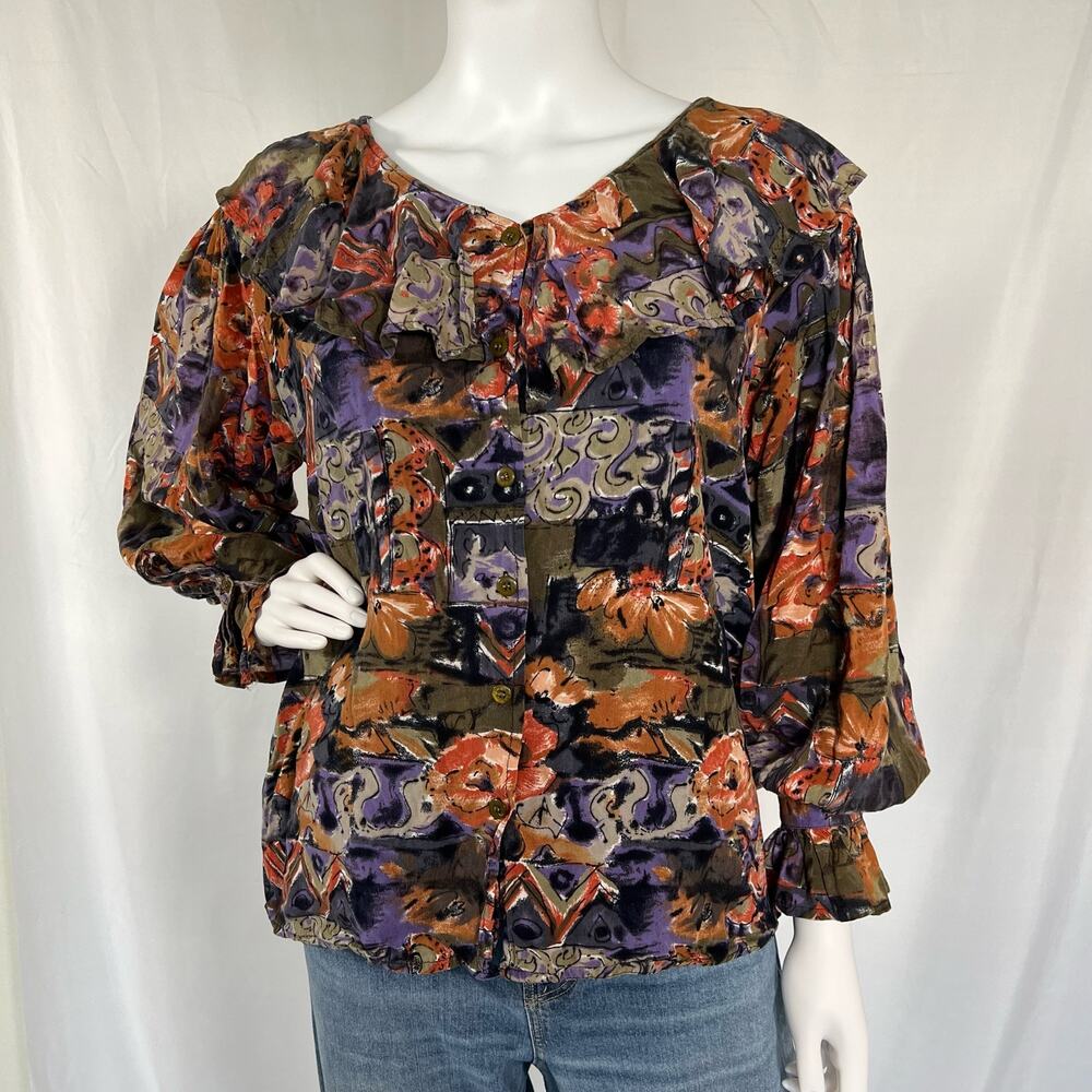 Vintage Multicolor Long Sleeve Button Up Blouse Size Medium